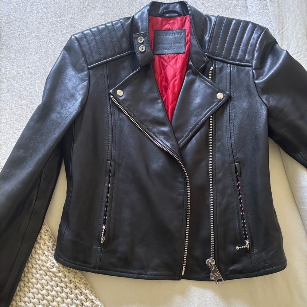 All Saints Black Leather Jacket with Red Lining
